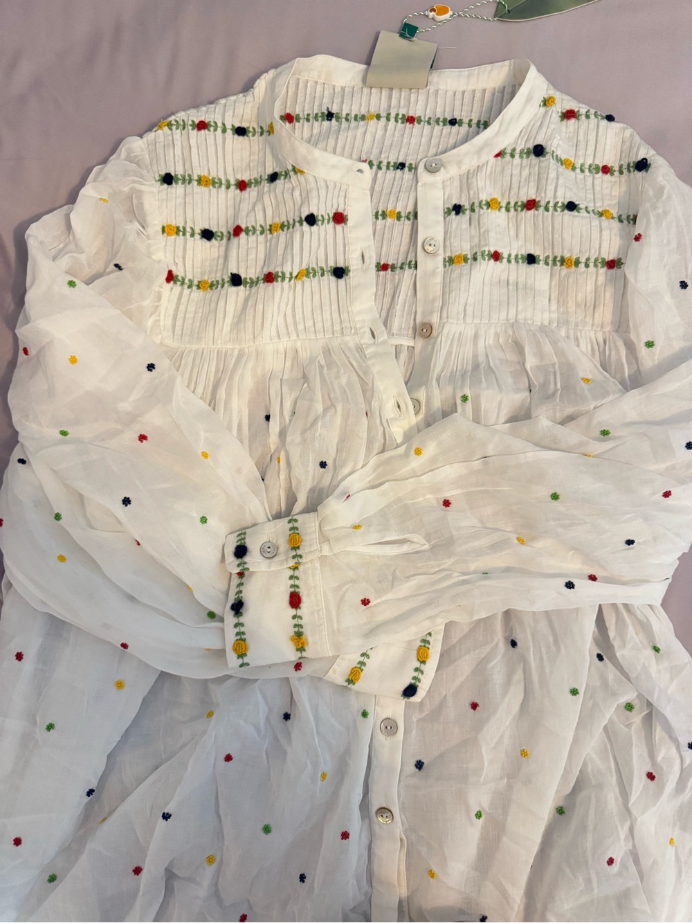 FARM Rio White Cotton Button-Front Blouse with Multicolor Embroidery - Picture 2 of 5